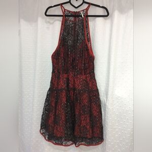 Free People Red and Black Lace Dress Fairy Whimsical Wedding Guest Size 10